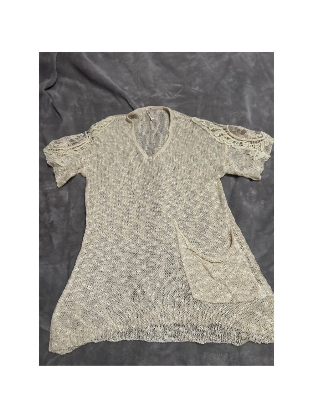 Women's POL Beige Knit V-Neck Sweater with Lace Sleeves, Size S